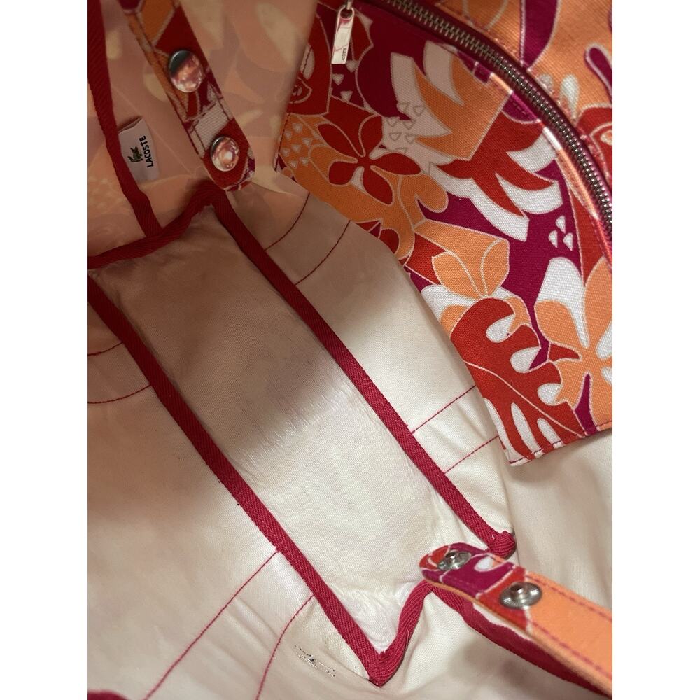 Lacoste Canvas Beach Tote Bag Tropical Pink Orange Shopper w/ Zip Pouch - Picture 6 of 14